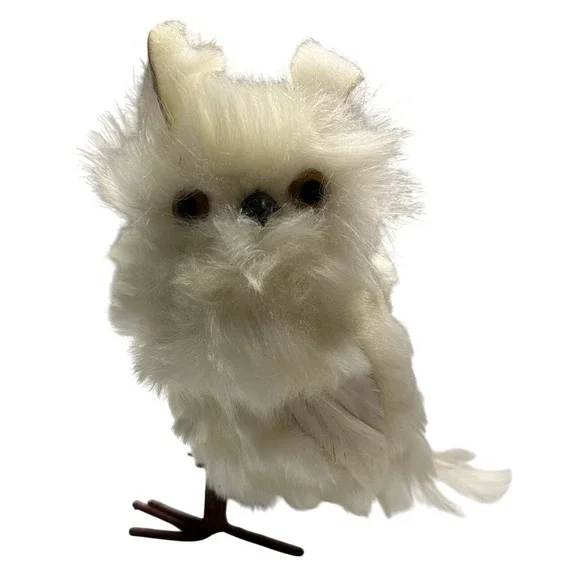 Faux Fur White Snowy Owl Figurine Winter Christmas Decor 5.5-Inch Wire Feet - Picture 1 of 7